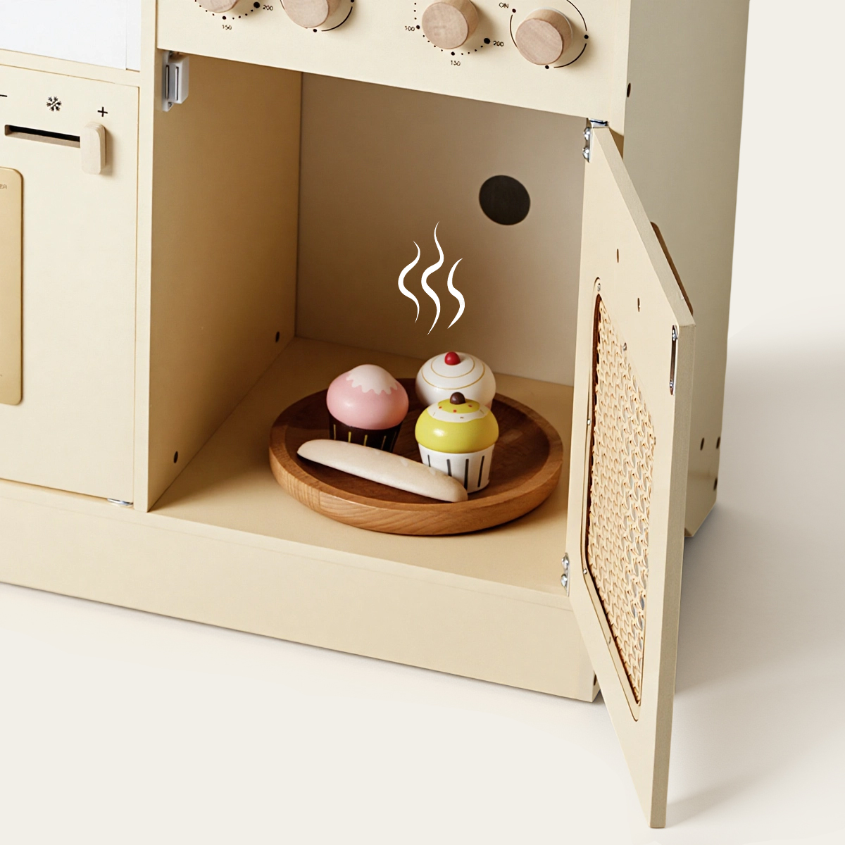 Wooden play kitchen oven with rattan door and pretend baking accessories for kids